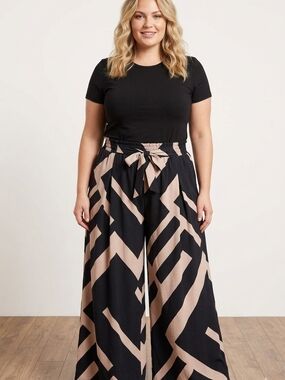 Wide-Leg Geo Print Palazzo Pants Black & Beige - 2X/3X